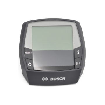 Vooraanzicht van de Bosch Intuvia fietscomputer, het scherm en de knopjes van het display zijn goed zichtbaar.