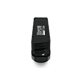 foto van de Shimano BT-E6010 36V 11.6Ah vanaf de voorkant waar je onderkant van de batterij kan zien waar stickers op staan met uitleg en waarschuwingen
