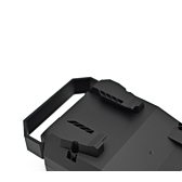 Close-up foto van het handvat van de Bosch Powerpack 360 Performance/Active bagagedrager E-Bike Vision fietsbatterij.