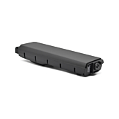 Driekwartaanzicht vanaf de voorkant van de Bosch Powerpack 540 Performance/Active Bagagedrager E-Bike Vision fietsbatterij. De fietsaansluiting is zichtbaar.