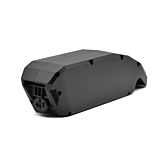 Driekwartaanzicht van de achterkant van de Bosch Powerpack 540 Performance/Active frame E-Bike Vision fietsbatterij. De fietsaansluiting is zichtbaar.