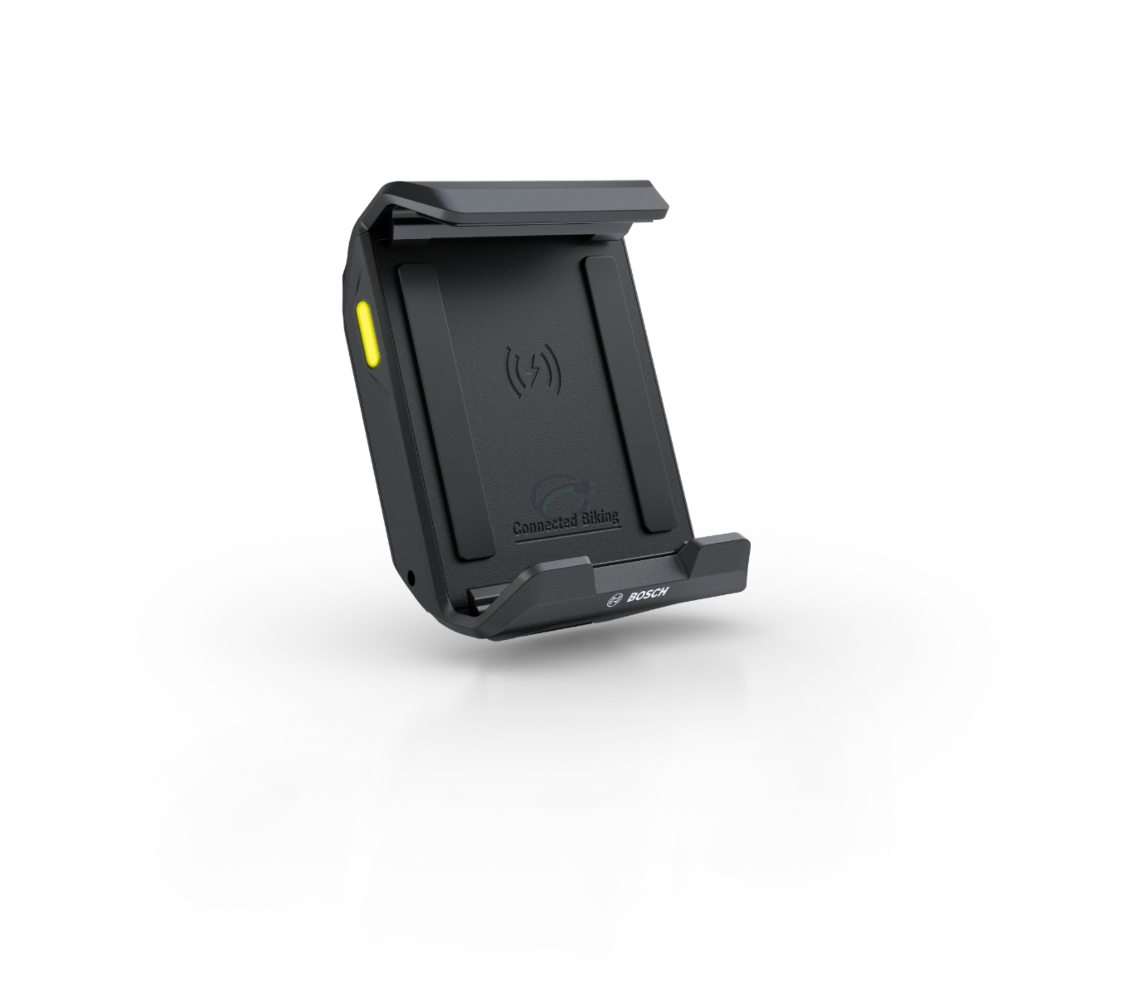 Zijaanzicht van de Bosch SmartphoneGrip, waarop de LED streep te zien is die aangeeft of de telefoon opgeladen is.