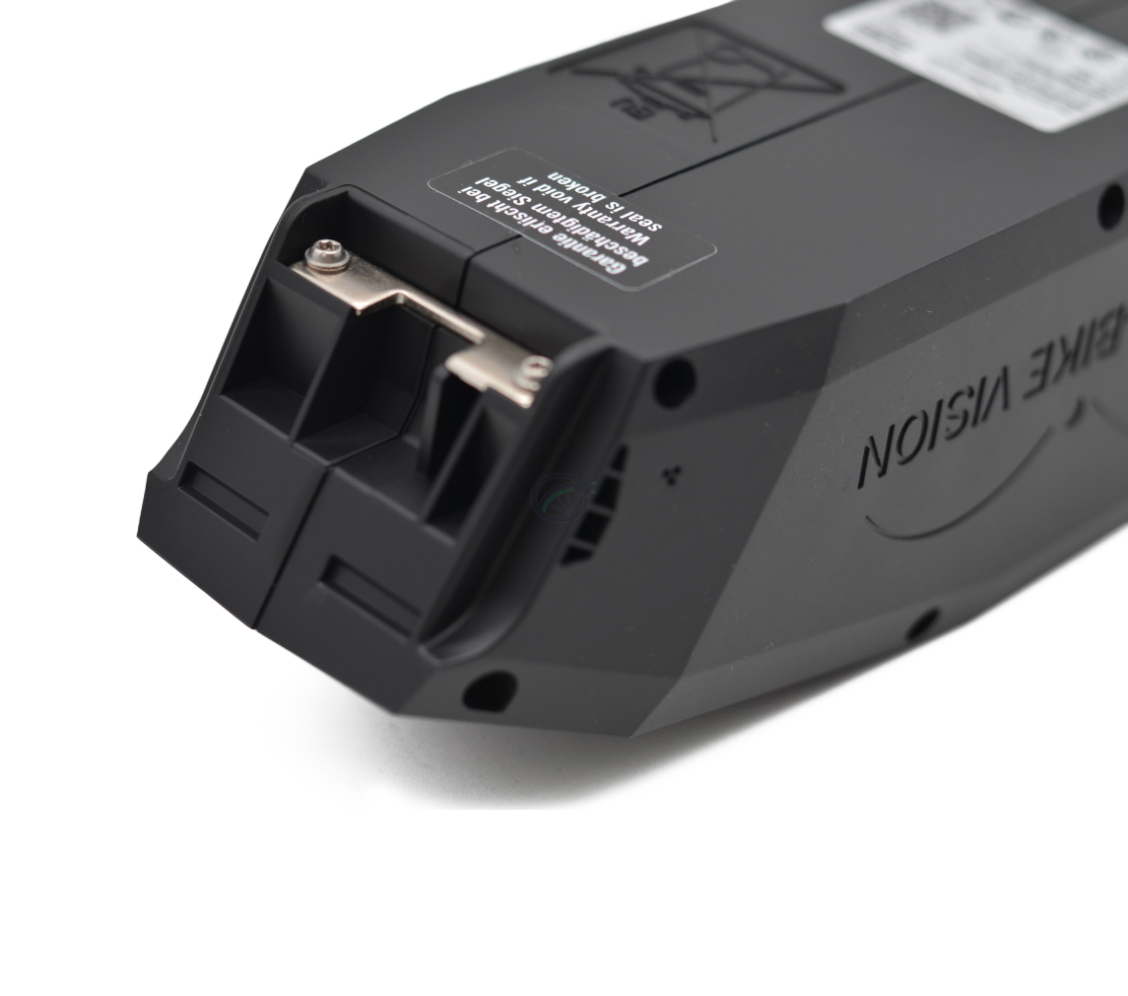 Close-up foto van de achterkant van de Bosch Powerpack 360 Performance/Active frame E-Bike Vision fietsbatterij.