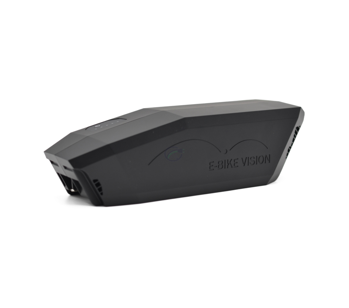 Driekwartaanzicht van de Bosch Powerpack 360 Performance/Active frame E-Bike Vision fietsbatterij. De batterij is duidelijk te zien.