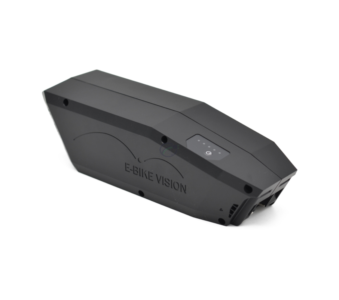 Hoog driekwartaanzicht van de Bosch Powerpack 360 Performance/Active frame E-Bike Vision fietsbatterij.