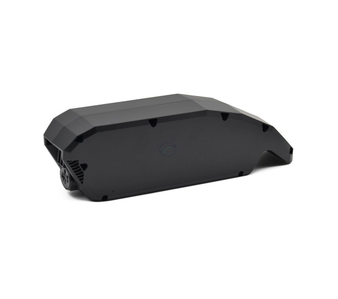 Zijaanzicht van de Bosch Powerpack 540 Performance/Active frame E-Bike Vision fietsbatterij. De foto is vanuit een hogere hoek genomen waardoor de bovenkant ook deels zichtbaar is.