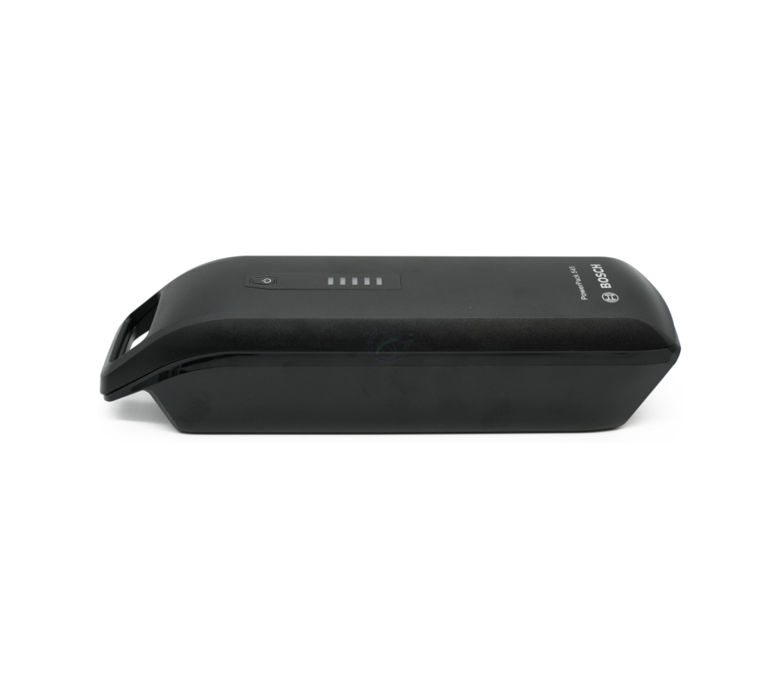 Zijaanzicht van de Bosch Powerpack 545 SMART Frame fietsbatterij vanaf links.