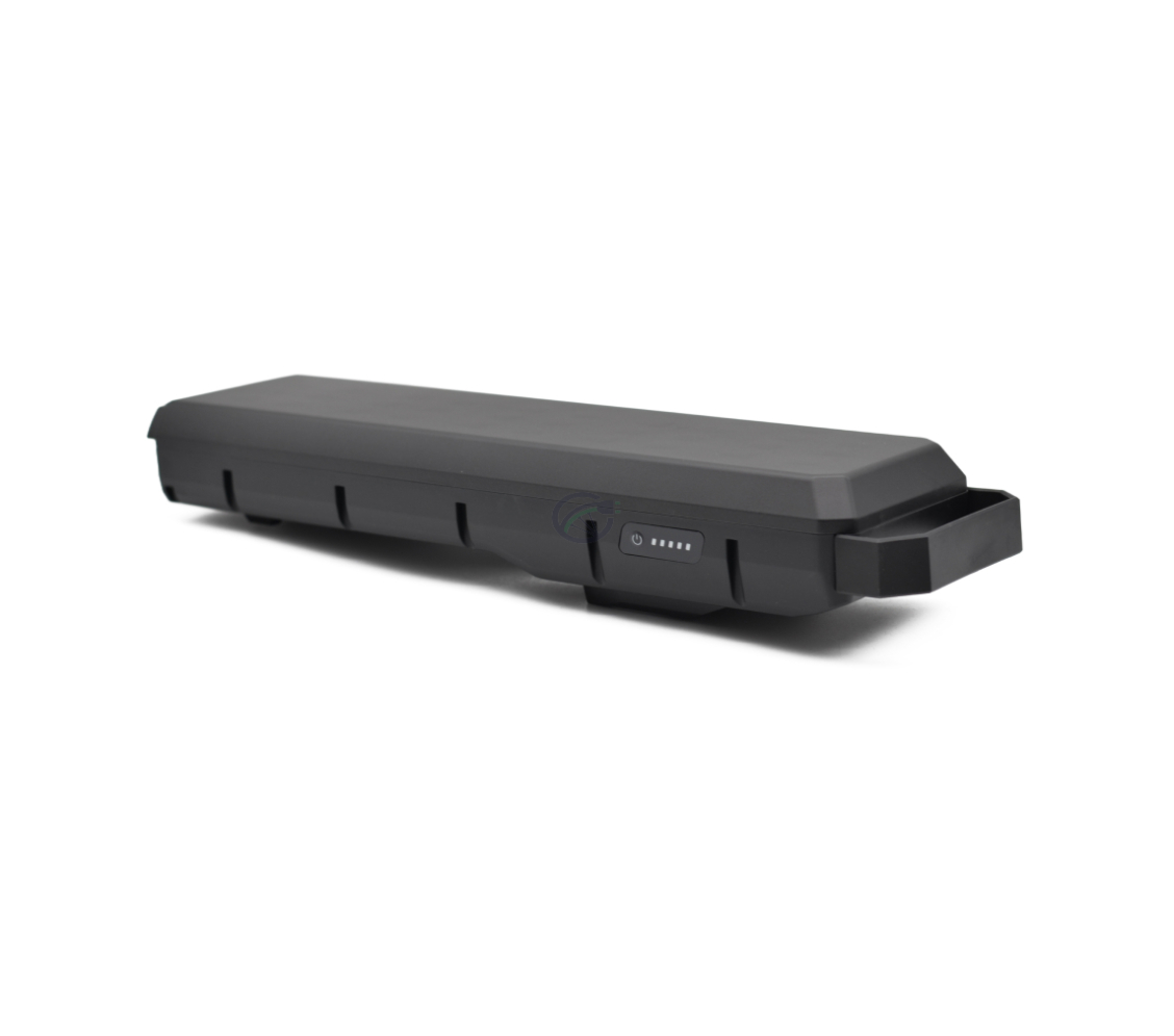 Duidelijke foto van de Bosch Powerpack 700 Performance/Active bagagedrager E-Bike Vision. De hele batterij is goed te zien en de foto is vanuit een driekwarthoek genomen.