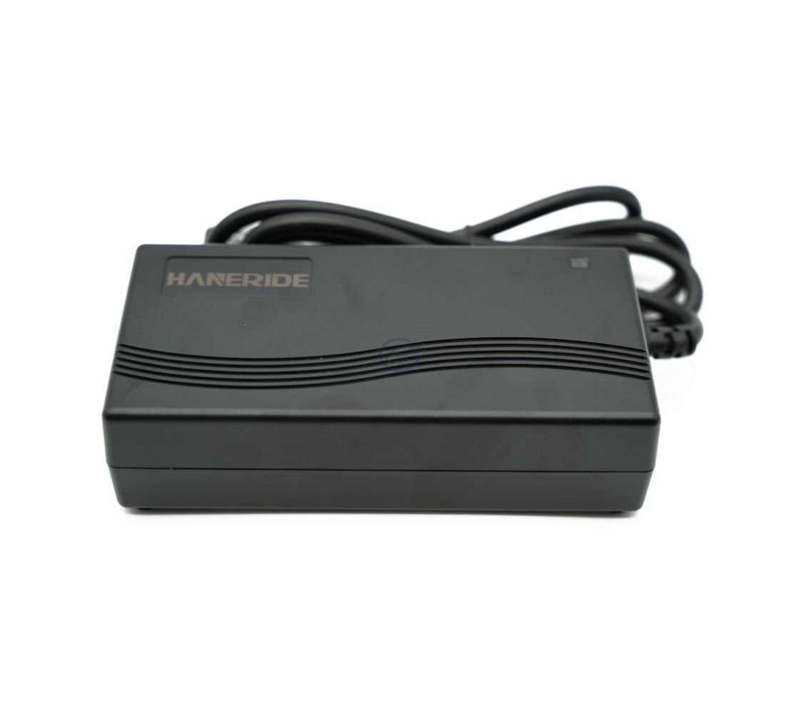 Zijaanzicht van de Gazelle Impulse 42V 3A Compatible lader met Rosenberger aansluiting.