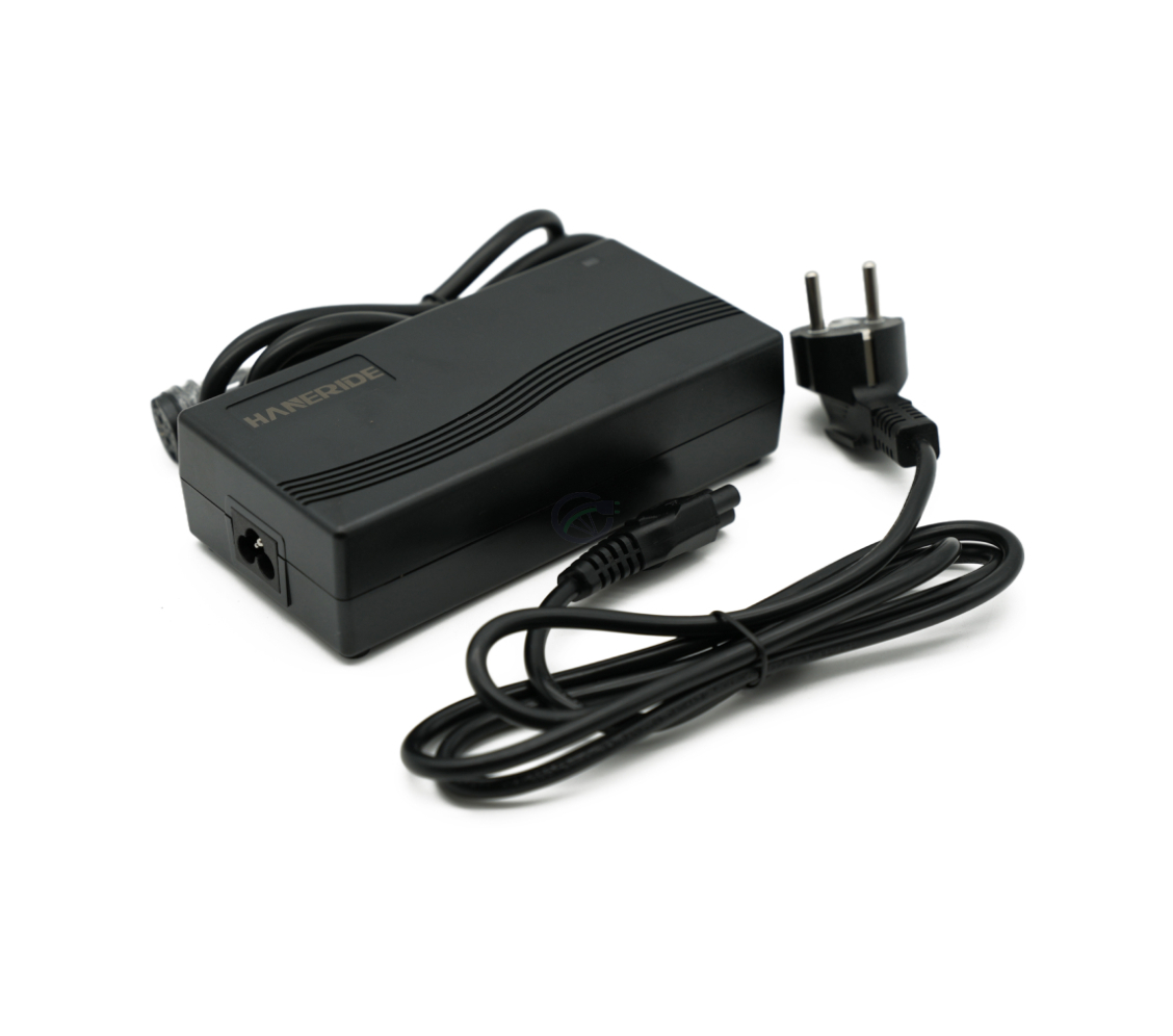 Driekwartaanzicht van de Gazelle Impulse 42V 3A Compatible lader met Rosenberger aansluiting. De bijbehorende adapter is goed zichtbaar.
