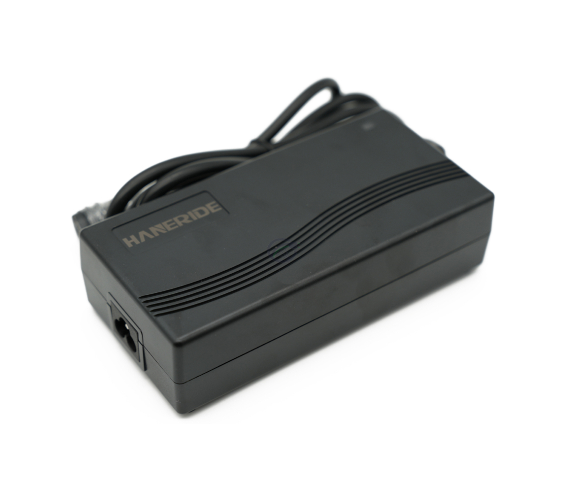 Driekwartaanzicht van de Gazelle Impulse 42V 3A Compatible lader met Rosenberger aansluiting zonder adapter.
