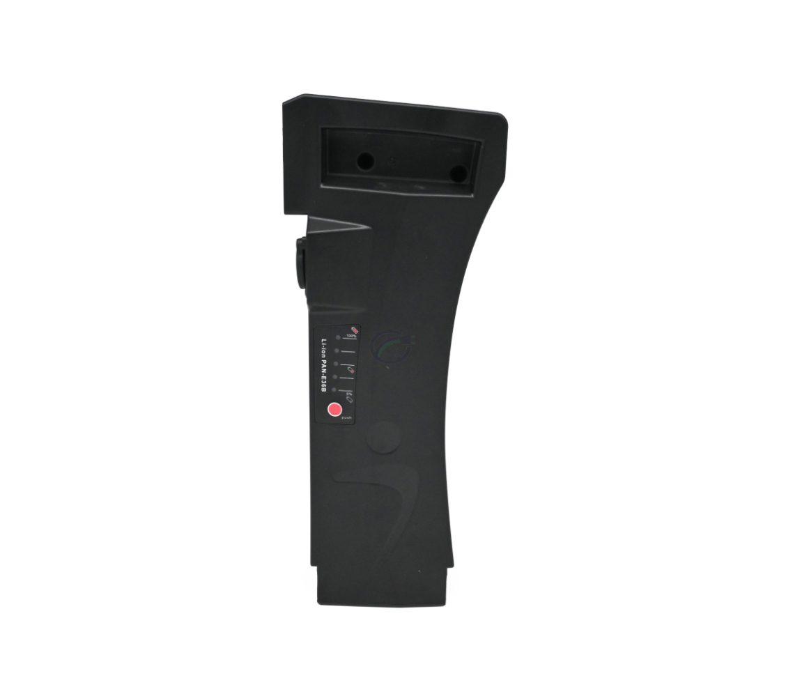 Bovenaanzicht van de Impulse 36V 14.5Ah Compatible batterij geproduceerd door EYXON. De batterijindicator van de batterij is duidelijk te zien.