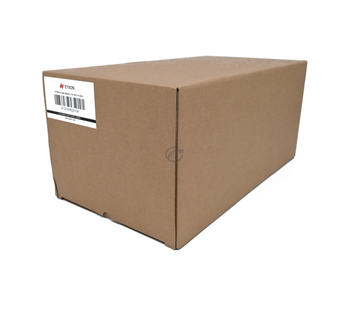 Schuin aanzicht van de volledige doos van de Impulse 36V 14.5Ah Compatible batterij geproduceerd door EYXON.