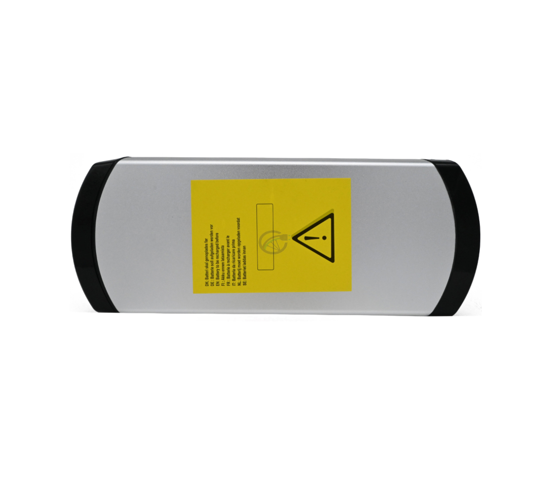 Bovenaanzicht van de Phylion XH370-13J Wall-E 37V 14Ah (2-polig). Het waarschuwingslabel aan de bovenkant van de Phylion batterij is goed zichtbaar.