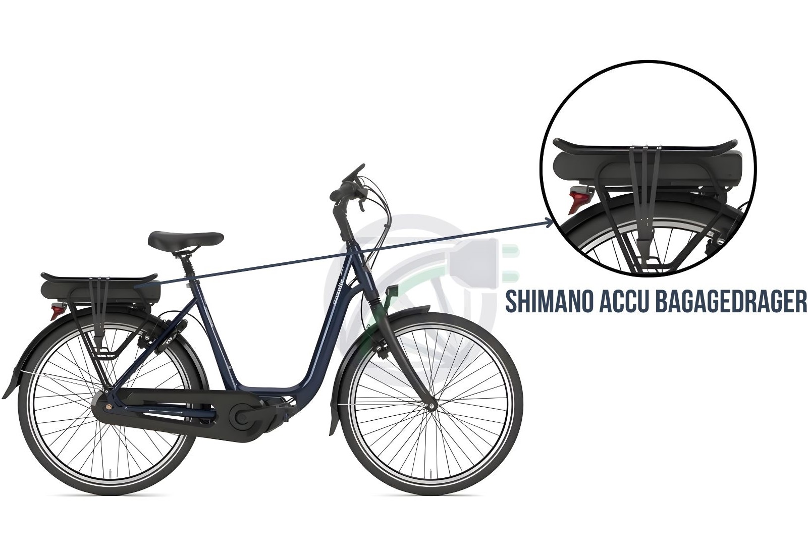 Fiets waarbij wordt uitgelicht, waar op de fiets, de accu bevestigd hoort te worden. Daarnaast wordt er beschreven welke Shimano batterij er in dit soort fietsen past.
