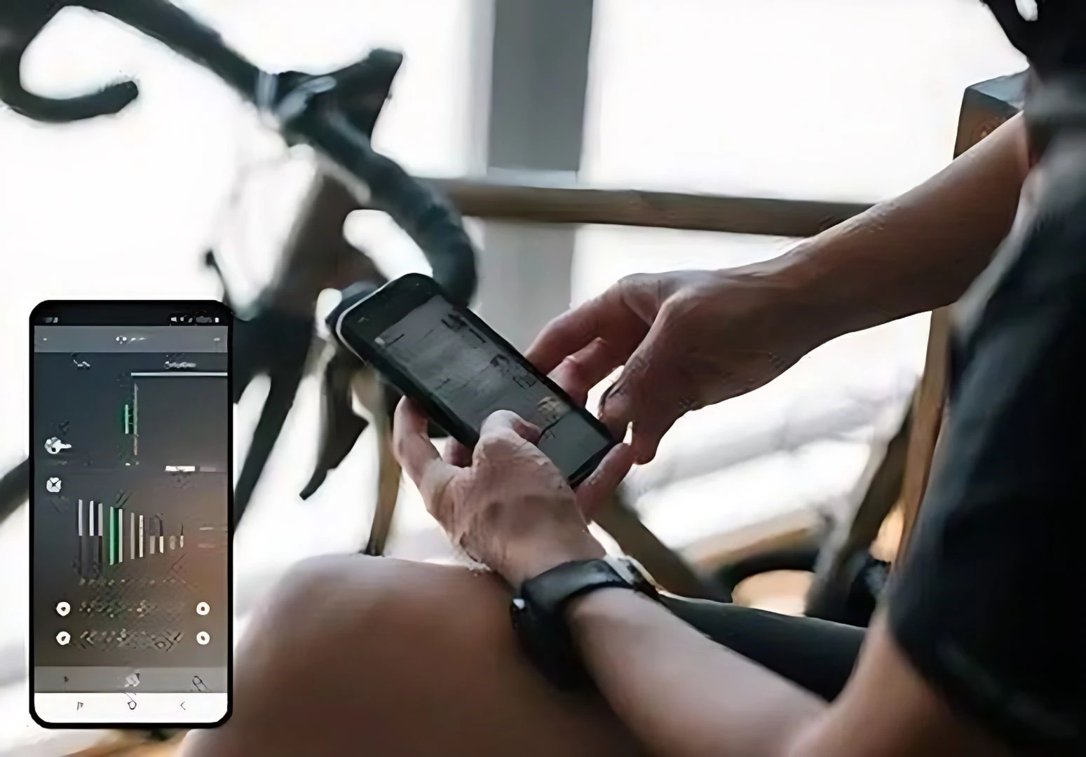 afbeelding van de Shimano E-Toube app met op de achtergrond een fiets die gebruik kan maken van deze app van Shimano