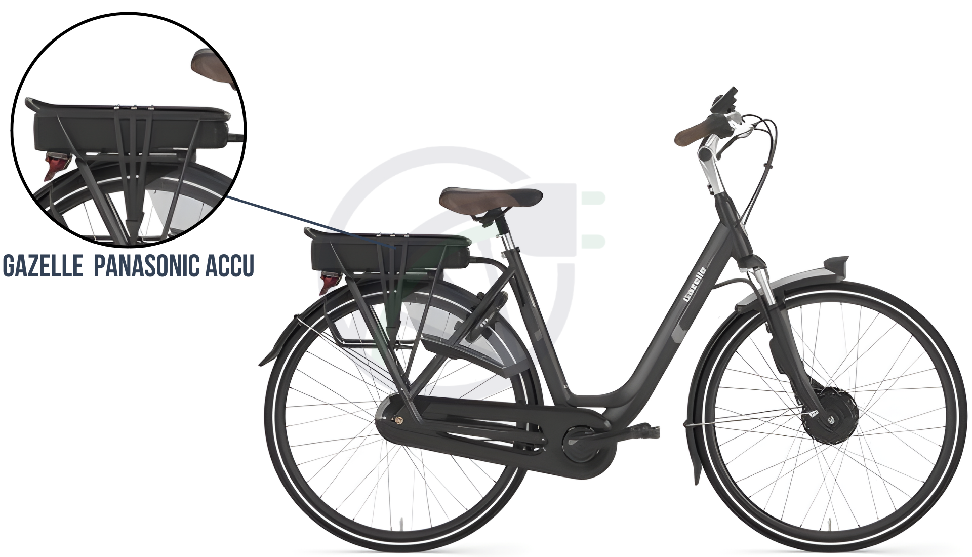 In deze afbeelding zie je een elektrische fiets van Gazelle, hierbij is uitgelicht welke accu er verwerkt zit in deze fiets. DIt is in dit geval de Gazelle Panasonic accu. Deze is beschikbaar in vier capaciteiten.
