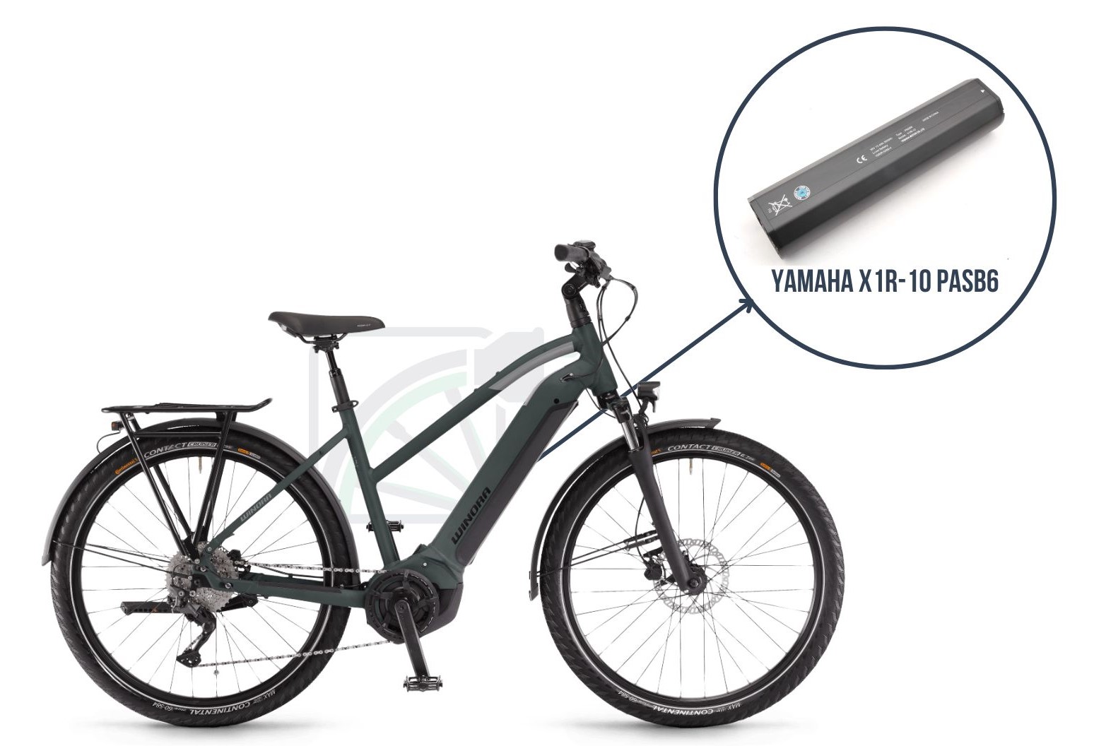 De Winor Yucatan iN7f met daarbij uitgelicht welke batterij deze fiets gebruikt. Dit is namelijk de Yamaha X1R-10 PASB6