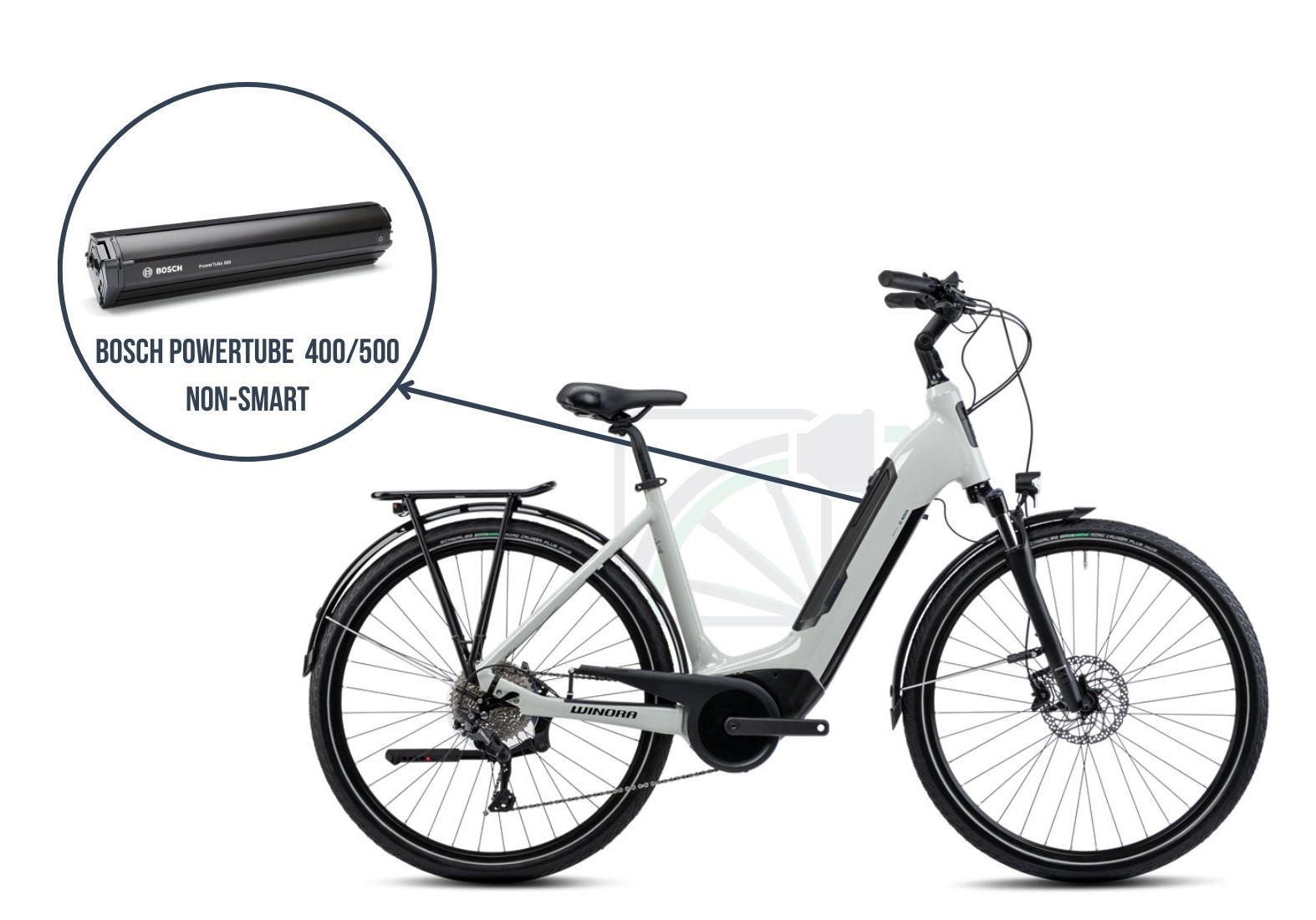 In deze afbeelding wordt de Winora Sinus Tria 10 afgebeeld. Hierbij wordt de batterij uitgelicht die bij deze fiets hoort, namelijk de Bosch Powertube 400/500 non-SMART